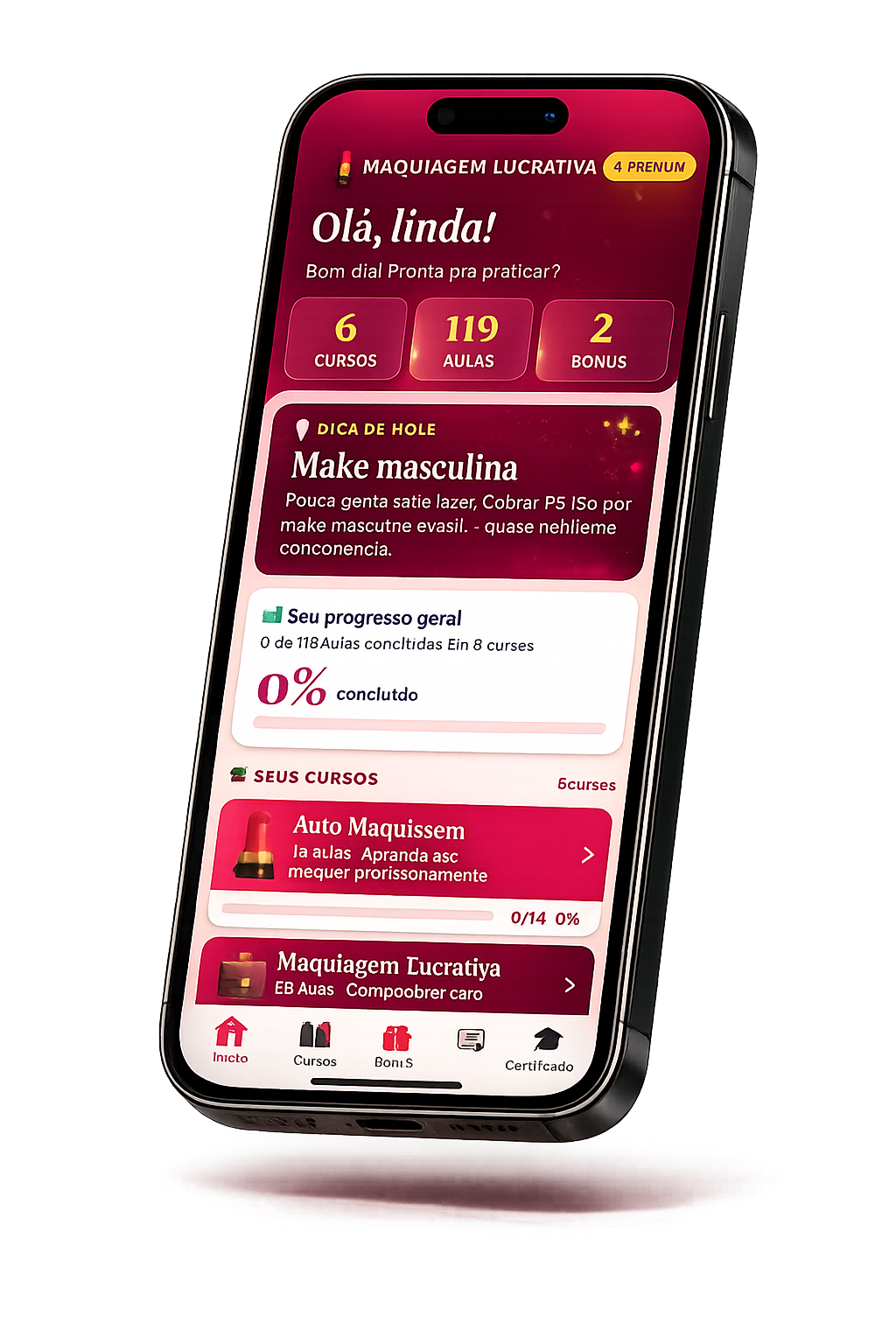 App Maquiagem Lucrativa — dashboard com 6 cursos e progresso